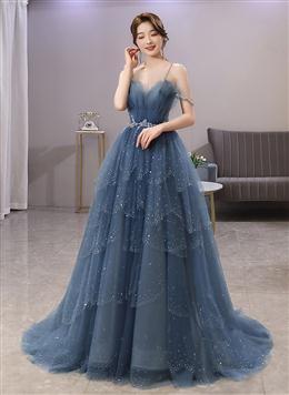 Picture of Blue Tulle Sweetheart Beaded Straps A-line Junior Prom Dresses, Blue Long Evening Dresses